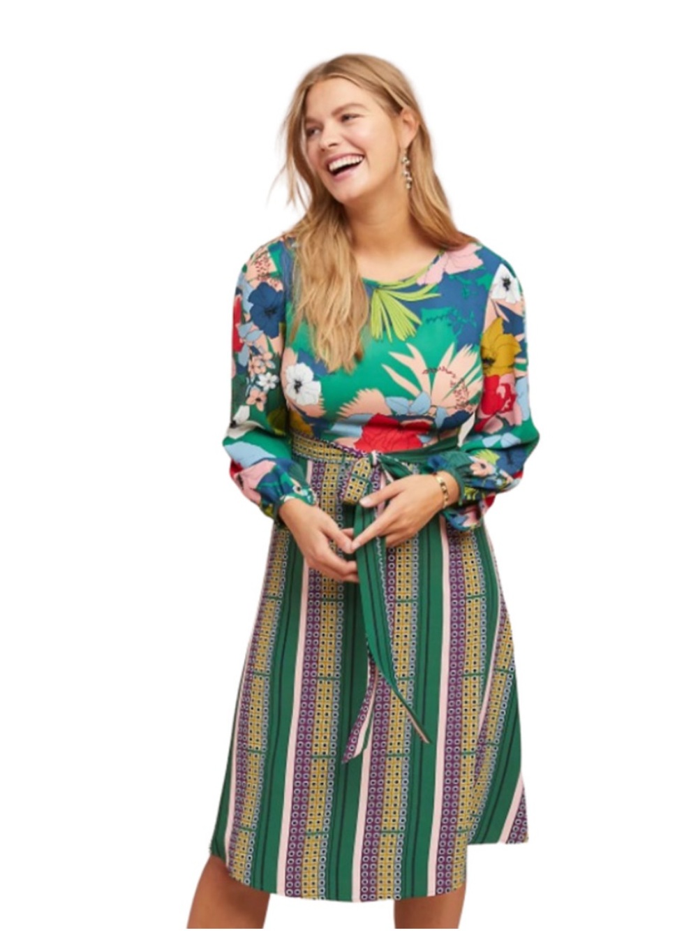 Anthropologie TP Green Floral Print and Stripe Long Sleeve Lucia Dress Size 2